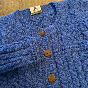 Women's Carraig Donn Irish Wool Blue Cable Knit Fishermans Cardigan Sweater Sm